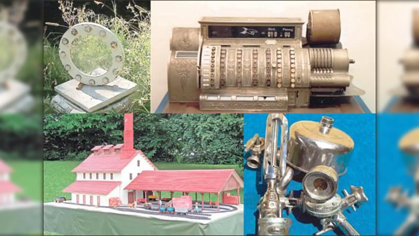 Foto: Armaturen einer Sauerkrautfabrik (Piening), eine Kasse (GEWOFAG), ein Ziegeleimodell (Zentgraf) und ein U-Bahnbau-Maschinenfenster (Unruh).