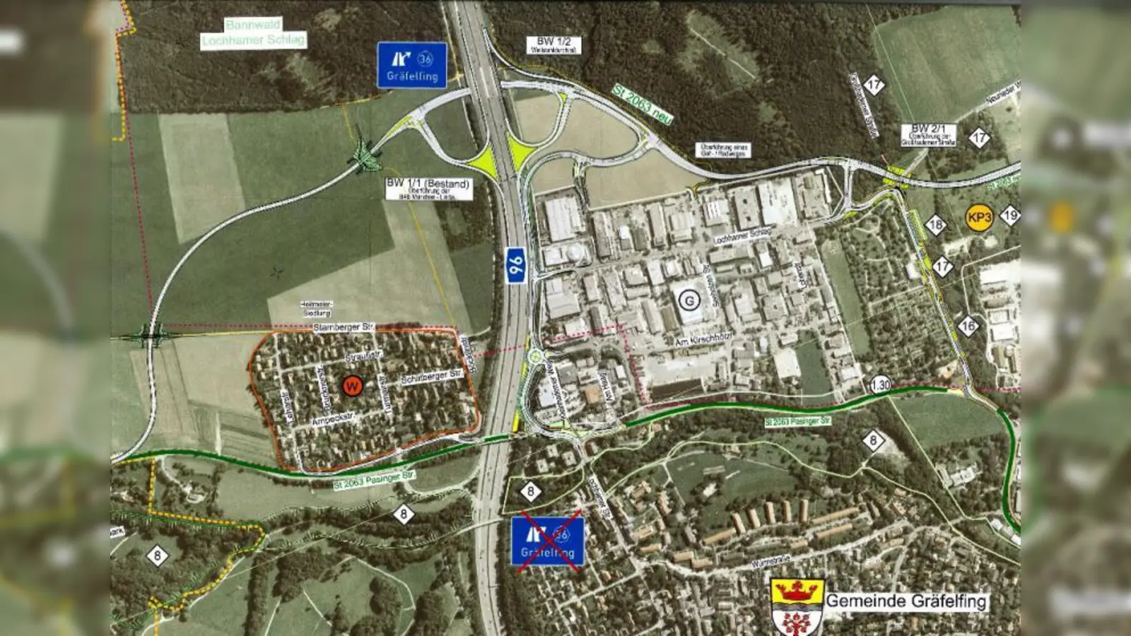 Die „kleine” Lösung für die 2063neu steht am 21. April zur Entscheidung. Sie wäre eine östliche Umgehungsstraße von der Würmtalstraße bis zur A96 inklusive neuem Autobahnanschluss. (Foto: Quelle: Gemeinde Gräfelfing)