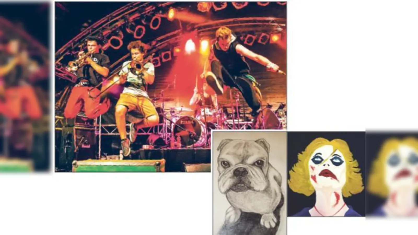 Jugendliche zeigen im Kulturzentrum 2411 ihre Kunstwerke  hier zwei Bilder von Valentina Savino (rechts) und Nicolas Dehais (ganz rechts). Bei der Eröffnung am Samstag wird die Band »Naked SuperHero« für Stimmung sorgen.	 (Fotos: VA)