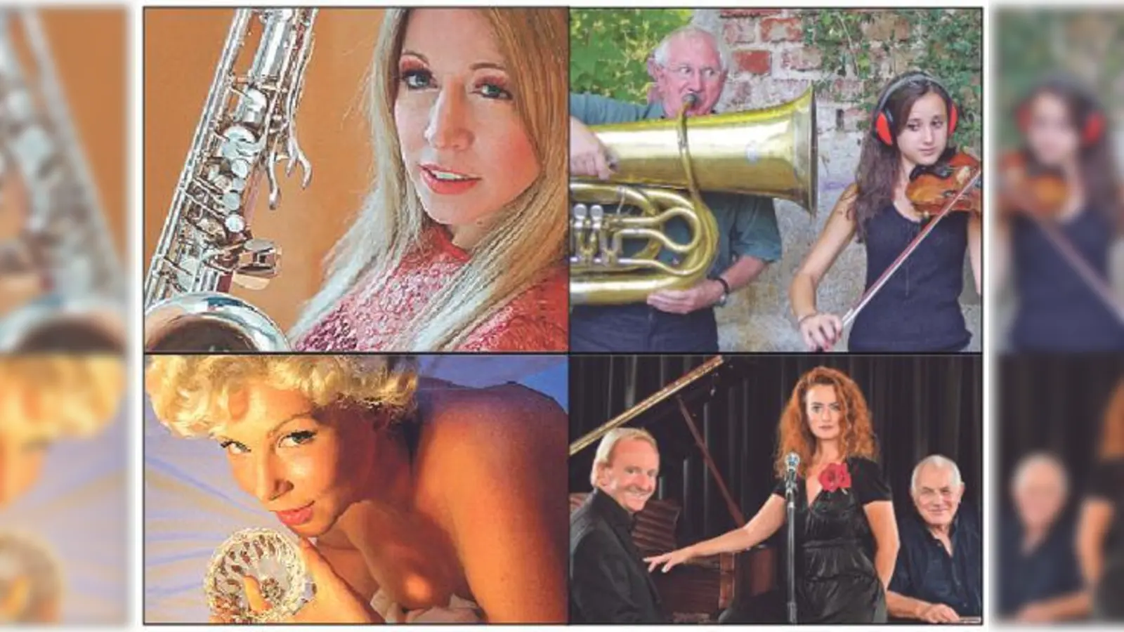 Jazz, Volksmusik, Schlager und mehr: Zu Gast im Kunstforum sind unter anderem Stephanie Lottermoser (links oben), Hans Well (mit Tochter Tabea), Esther Kuhn als »Marilyn« und das Julia-von-Miller-Trio.	 (Foto: Agentur Olivia Reinecke)