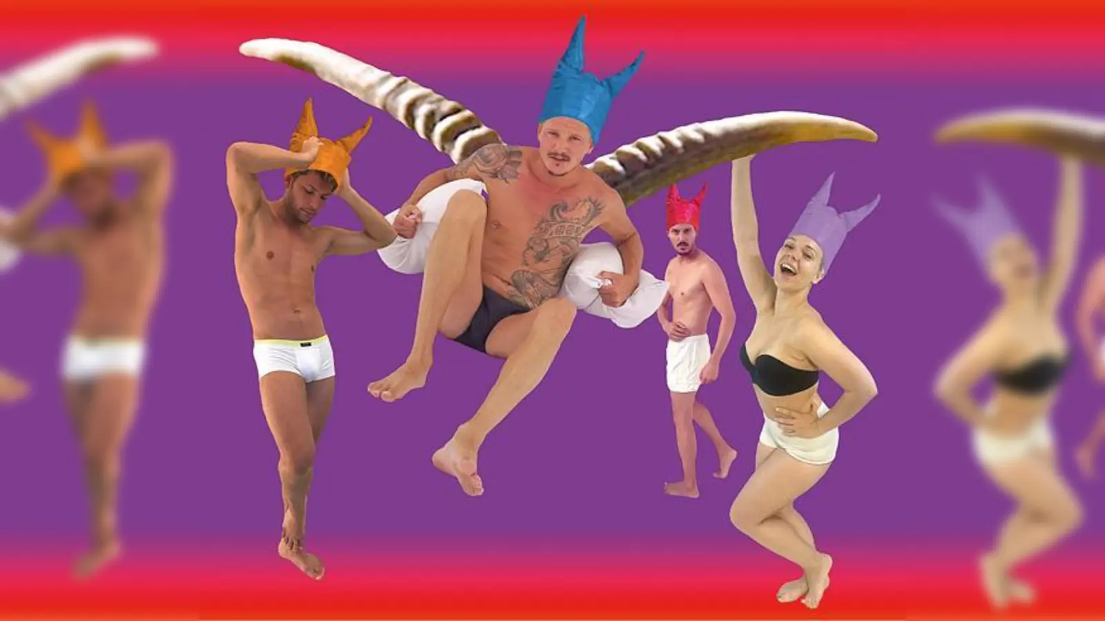 Im Mittelpunkt stehen Martin (Patrick Gabriel, 2.v.l.), seine Ehefrau Stevie (Sandra Heuer), ihr Sohn Billy (Frank Rafael Bosse, l.) der Journalist Ross (Manuel Castillo)  und Sylvia (ihre Ziegenhörner bilden bei Martin symbolisch Flügel).	 (Foto: VA)