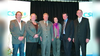 Manfred Spannagl (Bürobedarf), Bezirksrätin Barbara Kuhn, Dr. Otmar Bernhard, Anneliese Greimel (Friseursalon Obermeier), Josef Schmid und Max Straßer beim Neujahrsempfang. (Foto: pi)