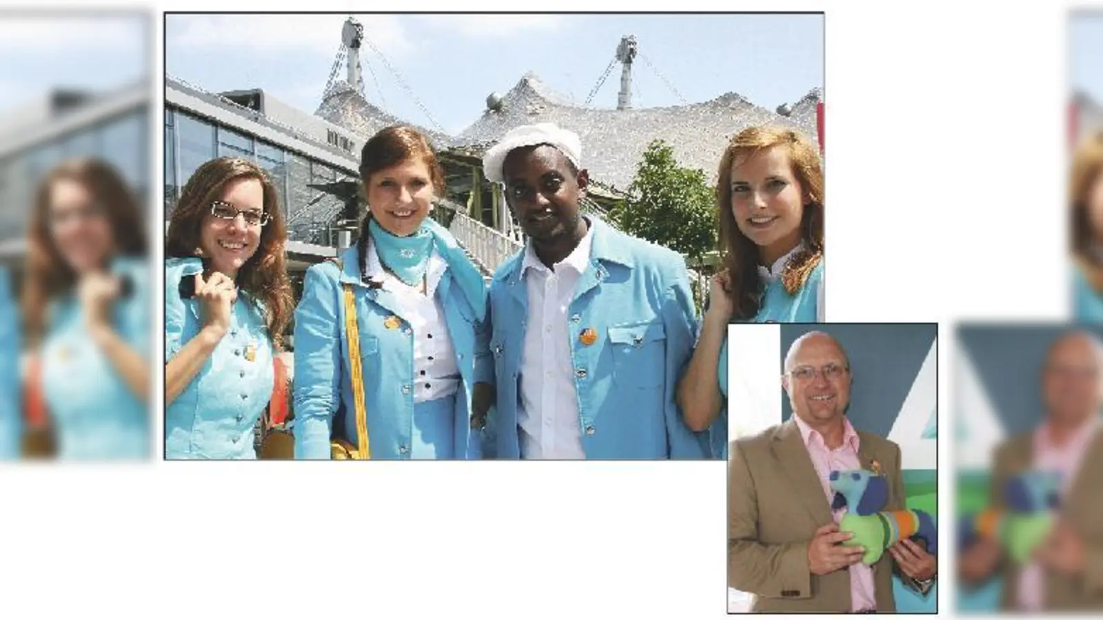 Junge Frauen und Männer laufen beim Geburtstagsfest im Olympiapark als Olympia-Hostessen im Original-Dress herum. Olympiapark-Geschäftsführer Ralph Huber mit Olympia-Dackel Waldi.  (Fotos: ws)