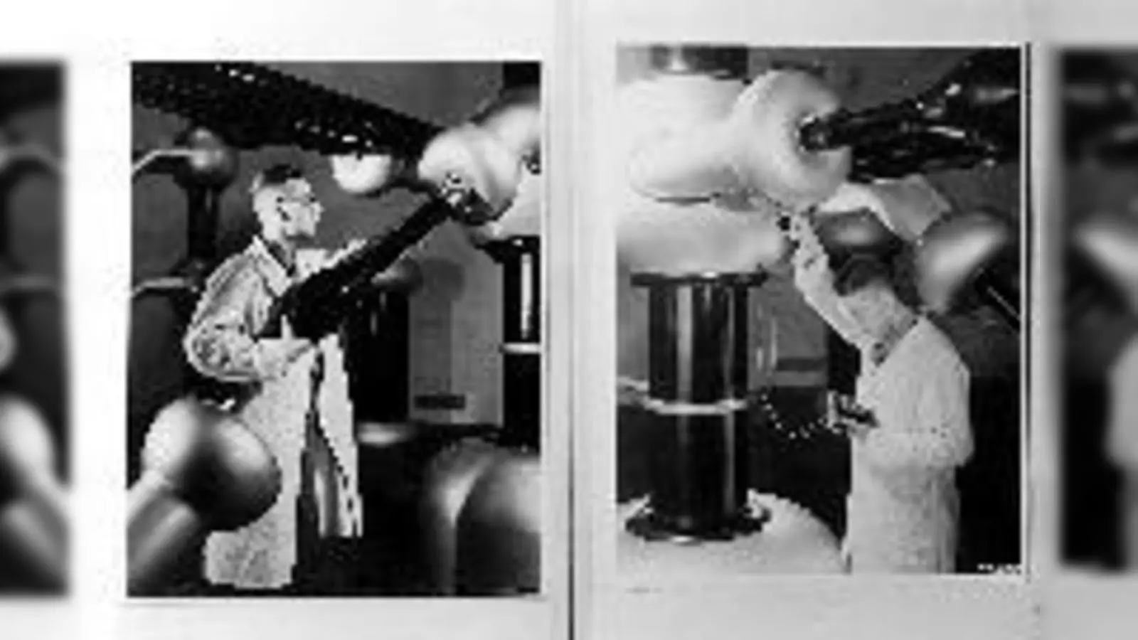 Foto  (Foto: Einsetzen der Röhre in einen Hochspannungsgenerator, 1938.)