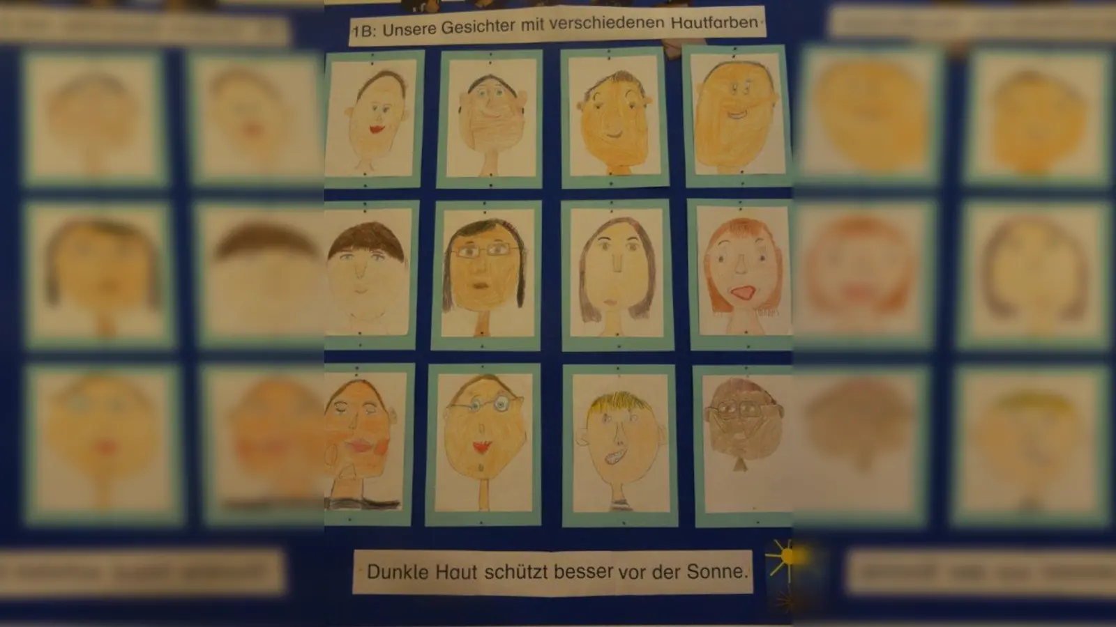 Die B-Klasse der 1. Jahrgangsstufe kreierte eine Wand mit Zeichnungen der eigenen Gesichter und verdeutlichte damit die Vielfalt in der Klassengemeinschaft. (Foto: Förderzentrum München Süd)