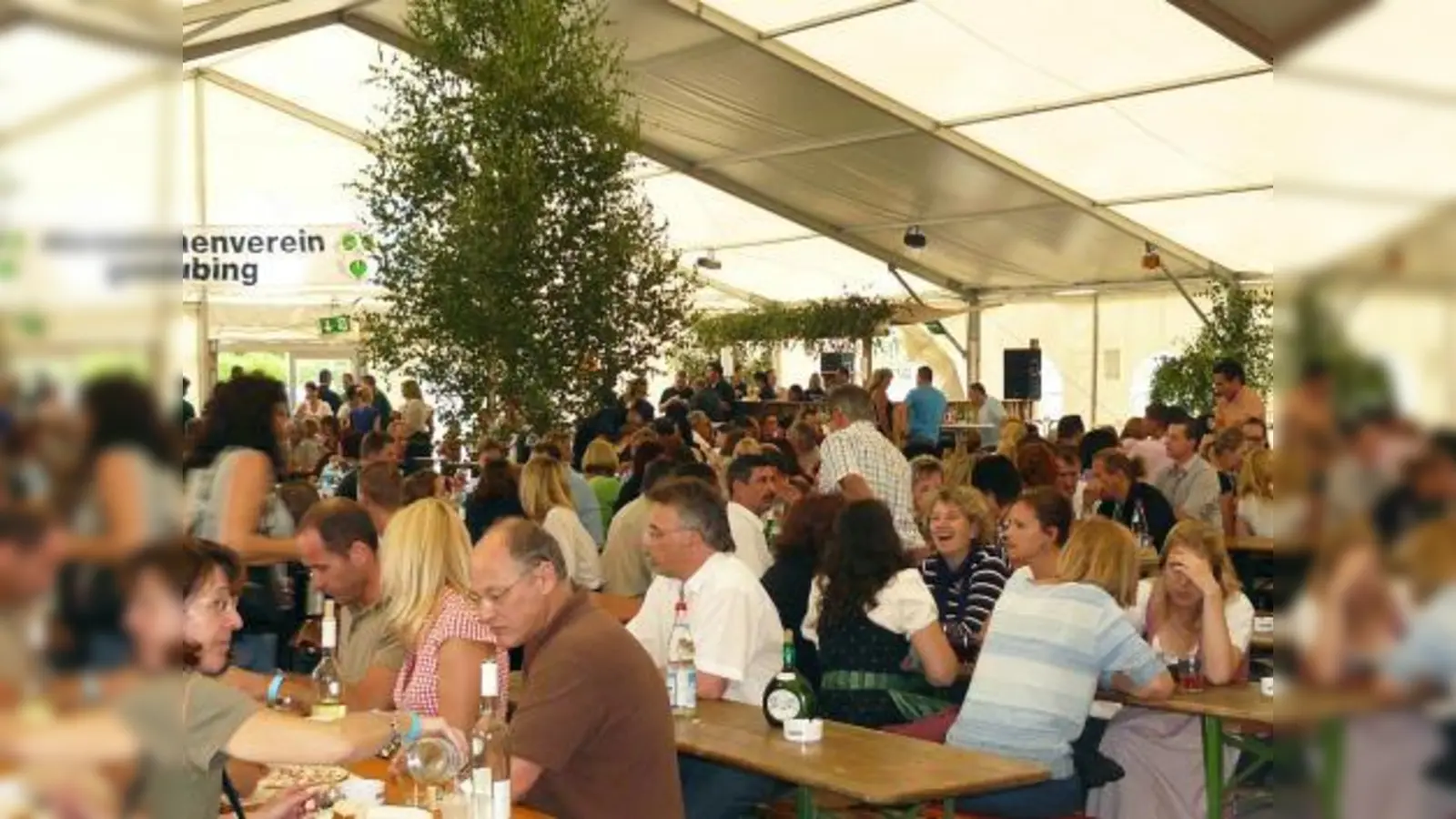 Auch bei Regen und Sturm konnten die Gäste des Aubinger Weinfestes im Zelt gemütlich weiterfeiern. (Foto: Martina Krämer)