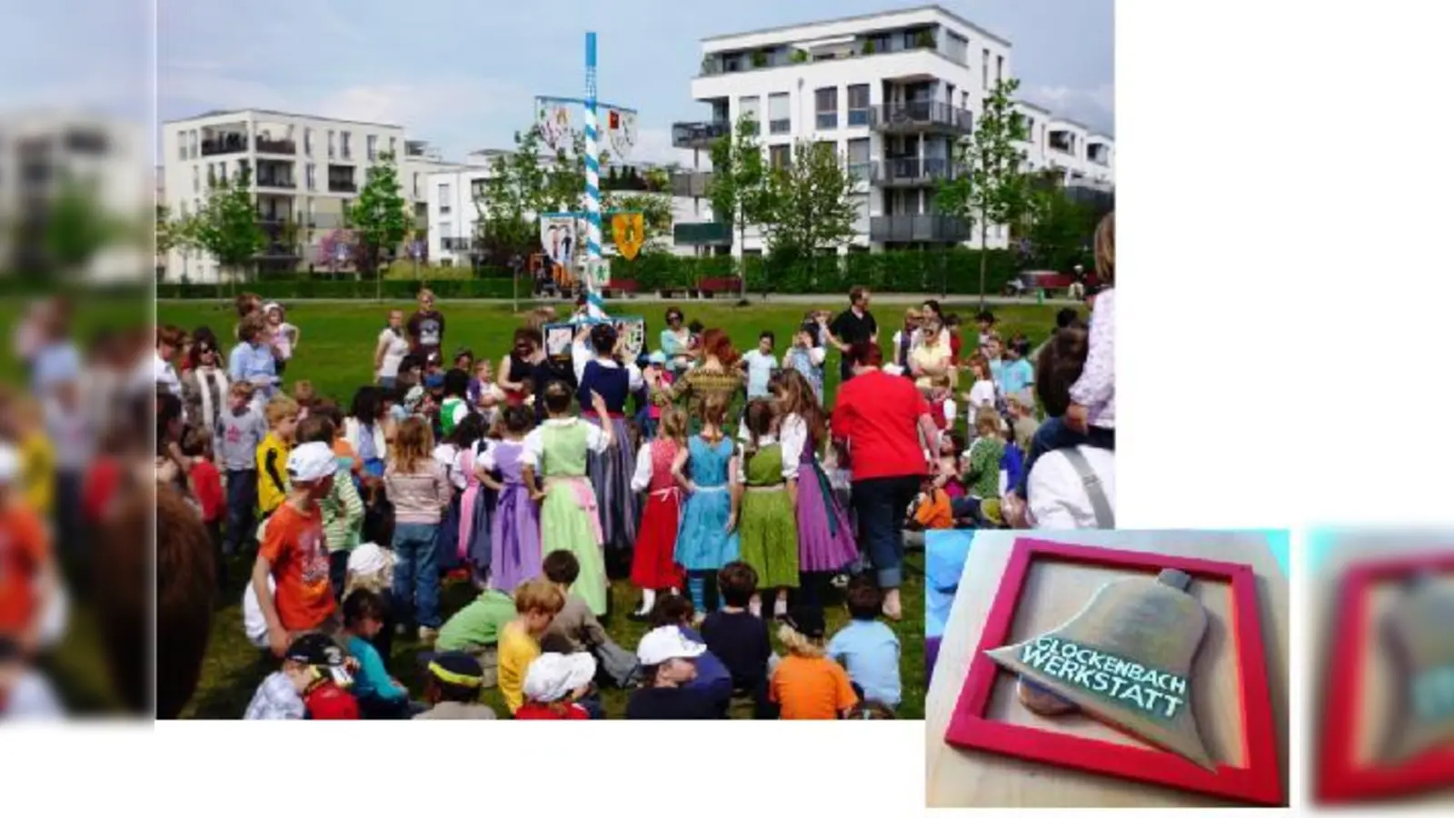 Rund ein Dutzend Maibäume in Schwabing ein Signal setzen für Natur und Nachbarschaft. Eine Institution im 2. Stadtbezirk: Die Glockenbachwerkstatt ist heuer mit einem Zunfttaferl vertreten.  (Foto: Urbanes Wohnen, Christian Schultze)