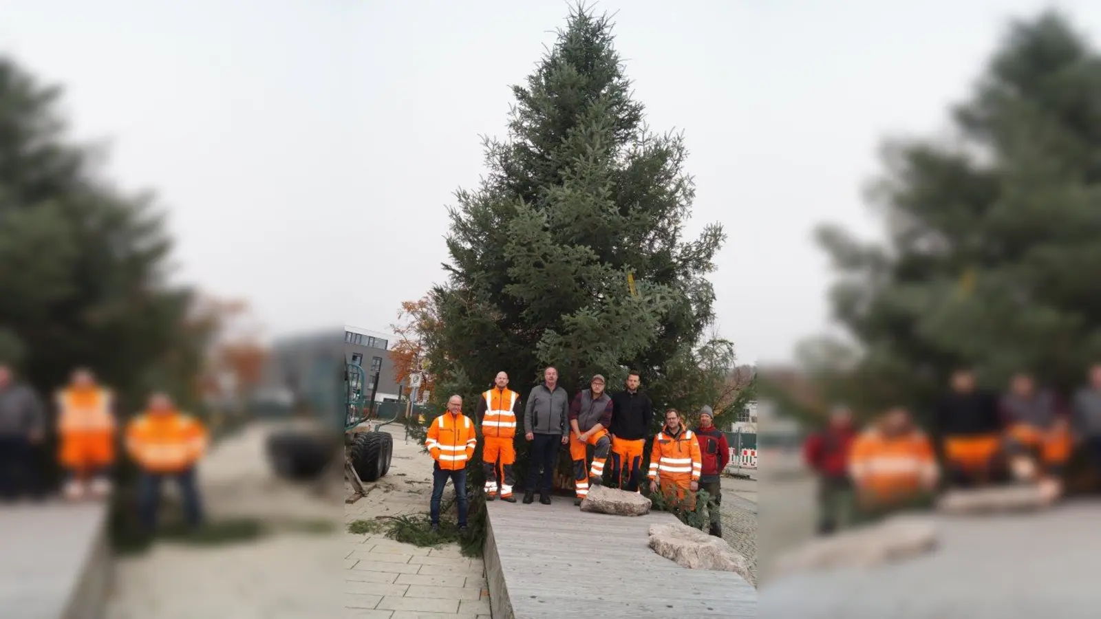 Spender Berthold Fink (3.v.l.) freut sich mit den Mitarbeitern vom Bauhof über den schönen Christbaum. (Foto: pst)