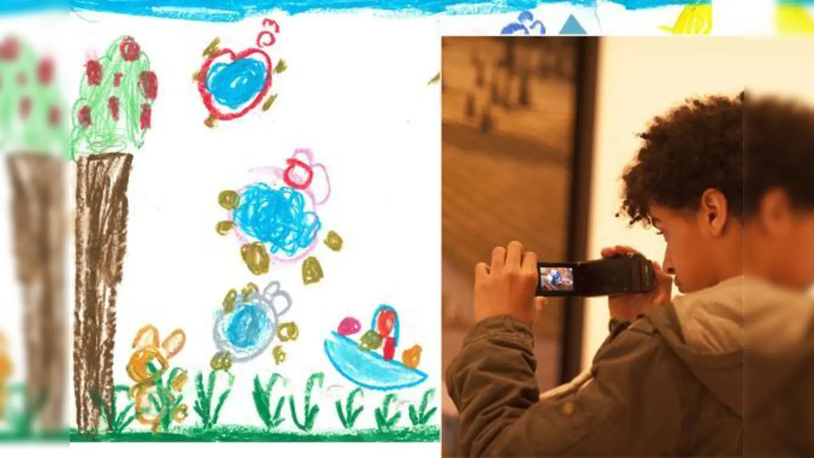 Bilder, Zeichnungen und Briefe von Kindern werden aus drei Jahrzehnten Kinder- und Jugendtreff ´s Dülfer ausgestellt. Foto re.: 2x3=Kunst?! die Ausstellung zeigt Kunstprojekte von Kindern und Jugendlichen im Haus der Kunst.  (Foto: VA/Julia Krüger)