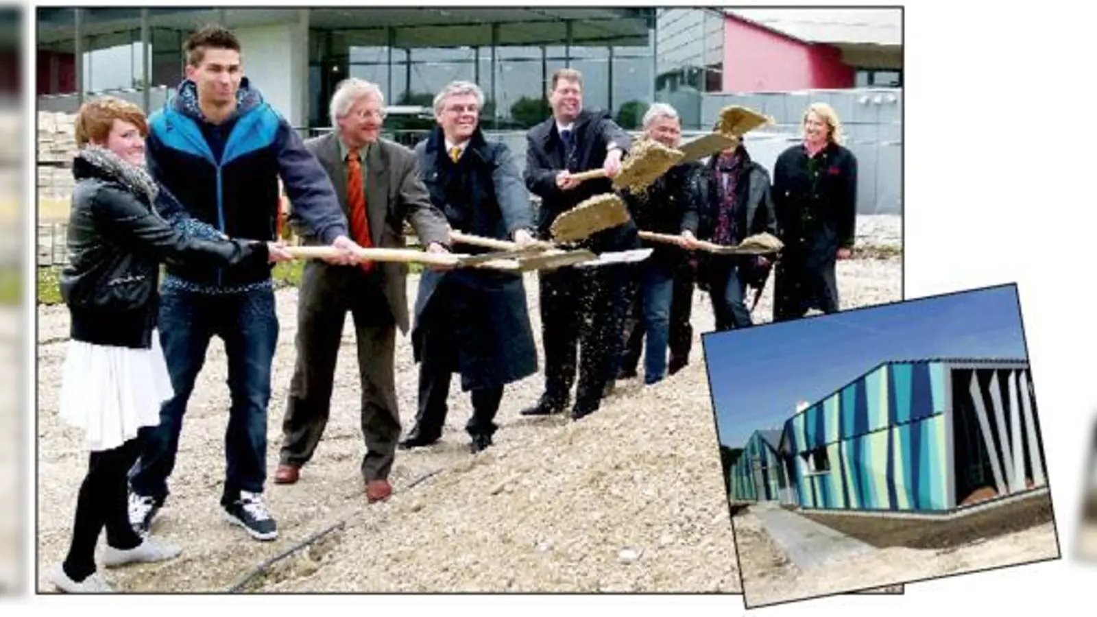 Spatenstich für die neue Mensa im Mai 2011: Schulleiter Franz Vogl (3. v. l.) mit Bürgermeister Rainer Schneider (4. v. l.), Landrat Michael Schwaiger (5. v. l.), Architekt Nepomuk Wagner (6. v. l.). sowie einigen Schülern und Gemeinderäten.  (Fotos: bb)