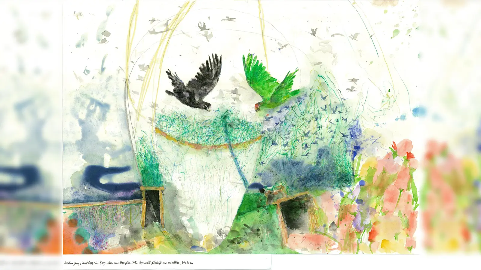  “Papageien und Bergwerke” ist dieses Aquarell mit Zeichnung betitelt. (Foto: Joachim Jung)