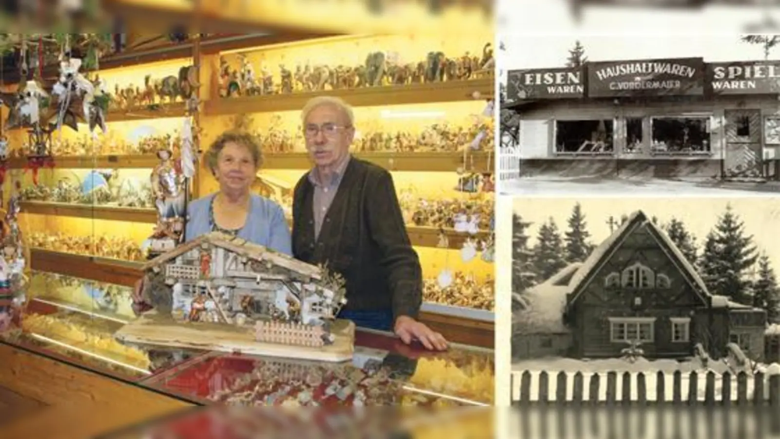 Anderl und Johanna Vordermaier betreiben bis heute ihr Fachgeschäft für Holzfiguren und Krippen. Foto rechts oben: Das Angebot im Laden wurde jeweils  angepasst. Foto rechts unten:  Schreinerei Vordermaier: Schon immer ein echtes Schmuckstück.  (F: hw/priv)