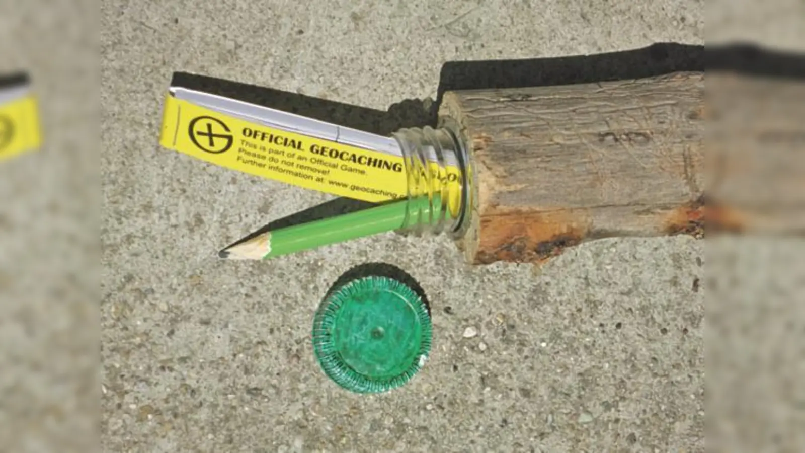 Beispiel für ein Geocache: In einem Holzstück ist ein Behälter mit Logbuch und Stift versteckt. 	 (Foto: ADFC Erding)