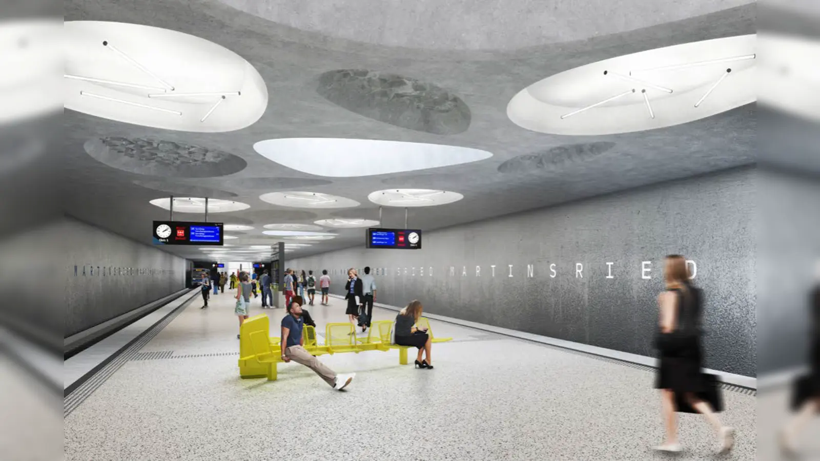„optisch anspruchsvoll, technisch herausfordernd”: Der potenzielle U-Bahnhof Martinsried wurde konzipiert von den Architekten Gruber + Popp und Lichtplanung Arup Deutschland GmbH. (Grafik: Gemeinde Planegg)