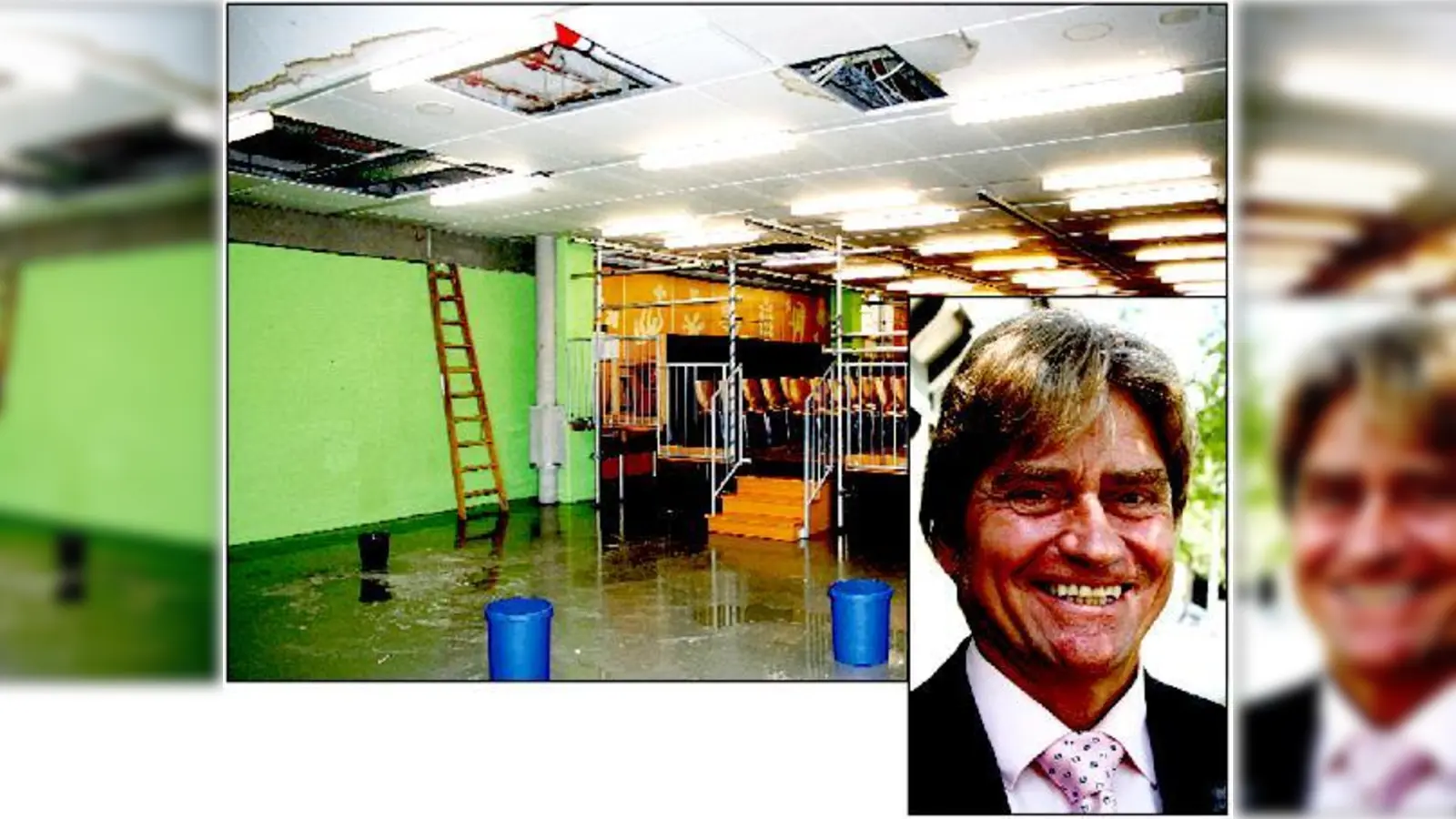 »Niemand darf rein«, verkündet Rektor René Horak. Durch einen Wasserschaden in der Aula des Schulzentrums an der Gerastraße sind plötzlich Deckenplatten heruntergefallen.  	 (Fotos: ws)