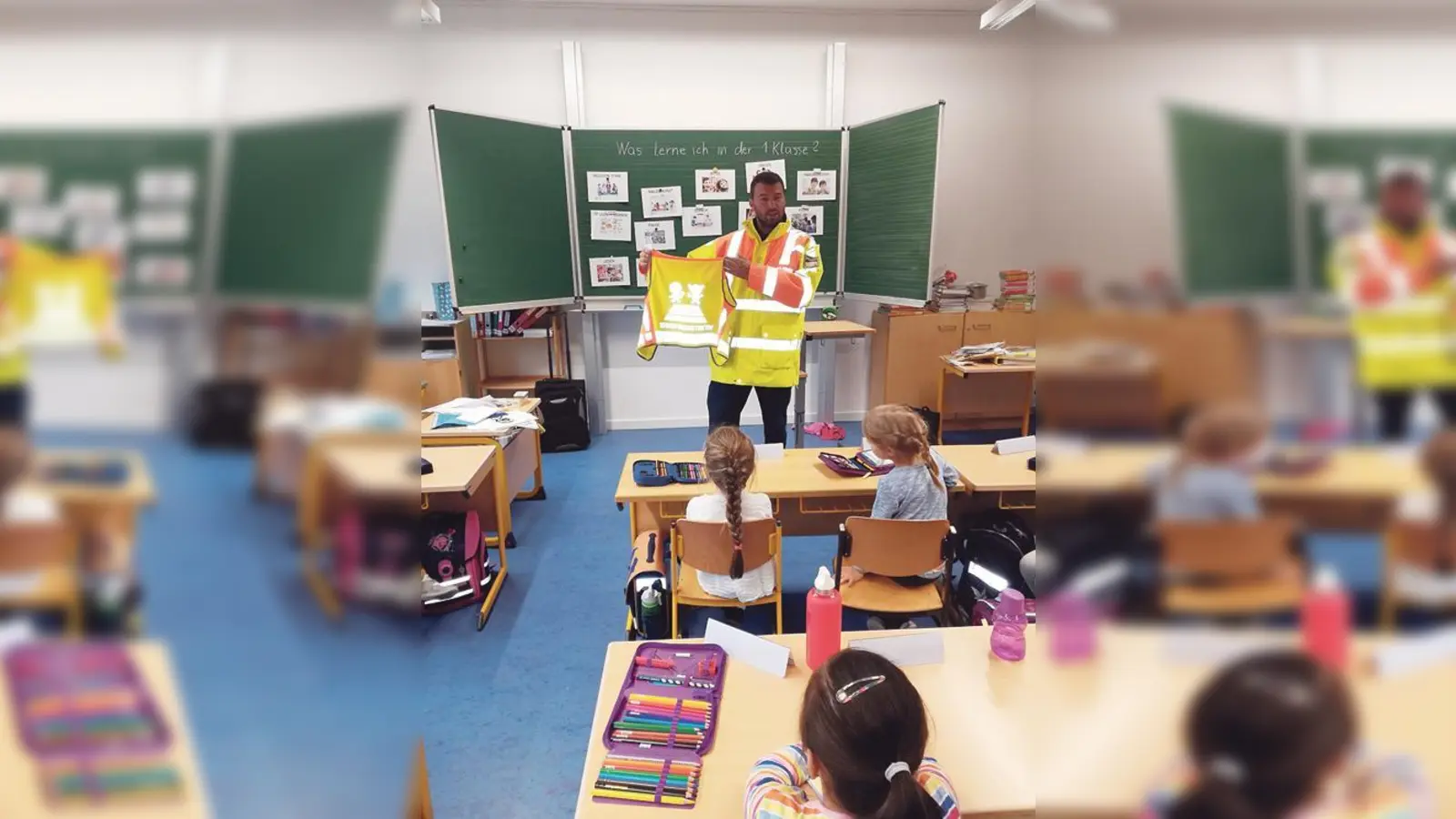Verkehrserzieher Martin Schedo machte die Grundschüler auf die Gefahren im Straßenverkehr aufmerksam.	 (Foto: Polizei)