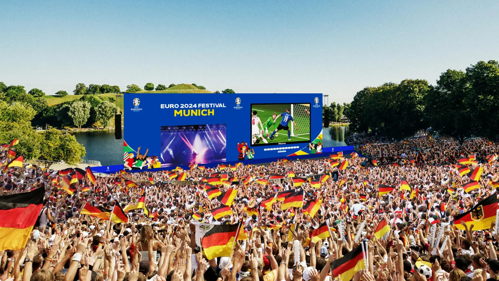 So könnte es im Sommer beim Public Viewing in der Fan Zone zur UEFA EURO 2024 im Olympiapark aussehen. (Bild: Fan Zone Olympiapark )