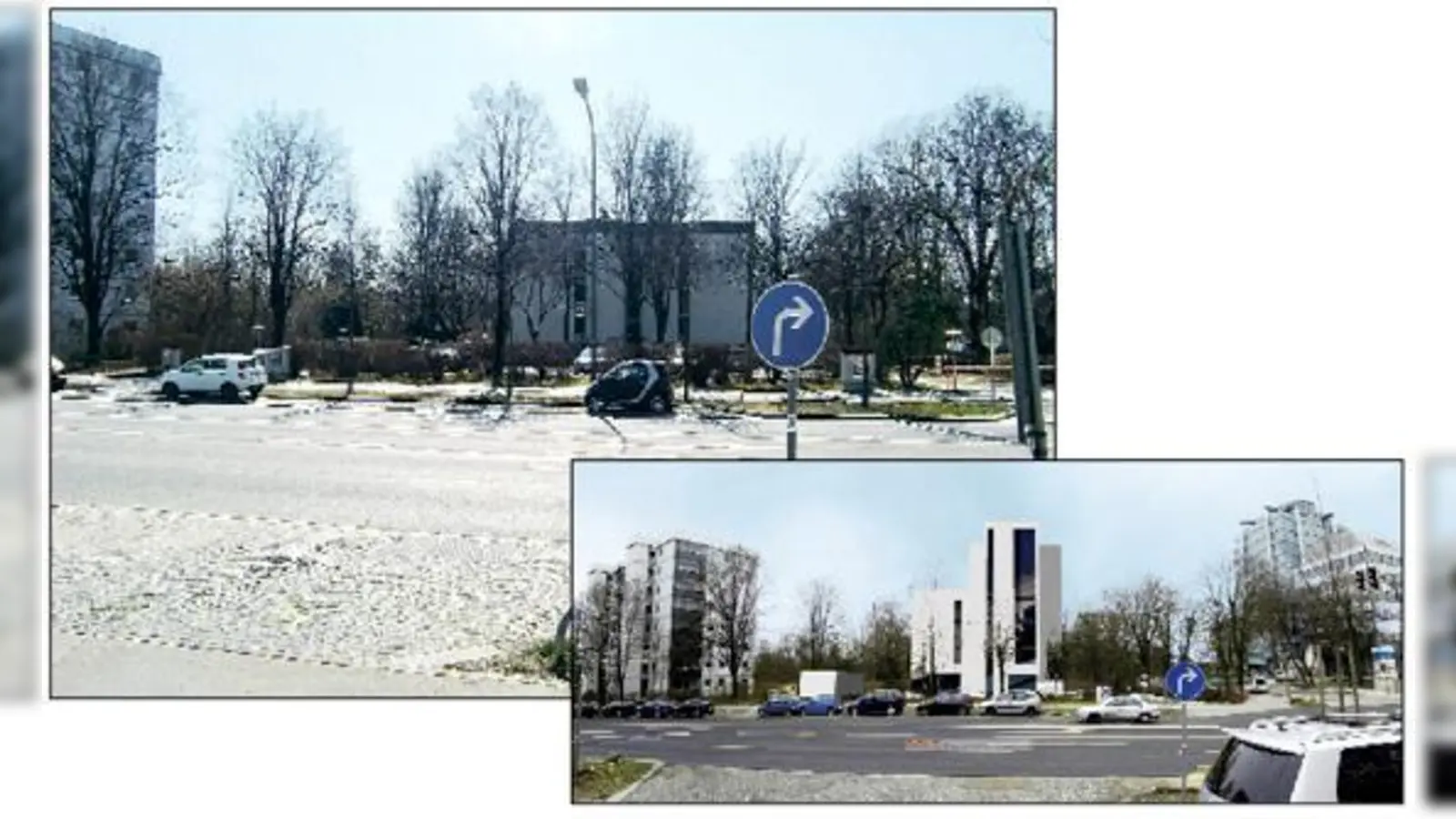 So wie auf der Montage rechts könnte das schlanke Hochhaus auf dem Grundstück des Parkplatzes vor dem Gebäude Denninger Straße 96 (oben) einmal aussehen.    Foto: ikb,  (Foto: DBLB Planungsgesellschaft)