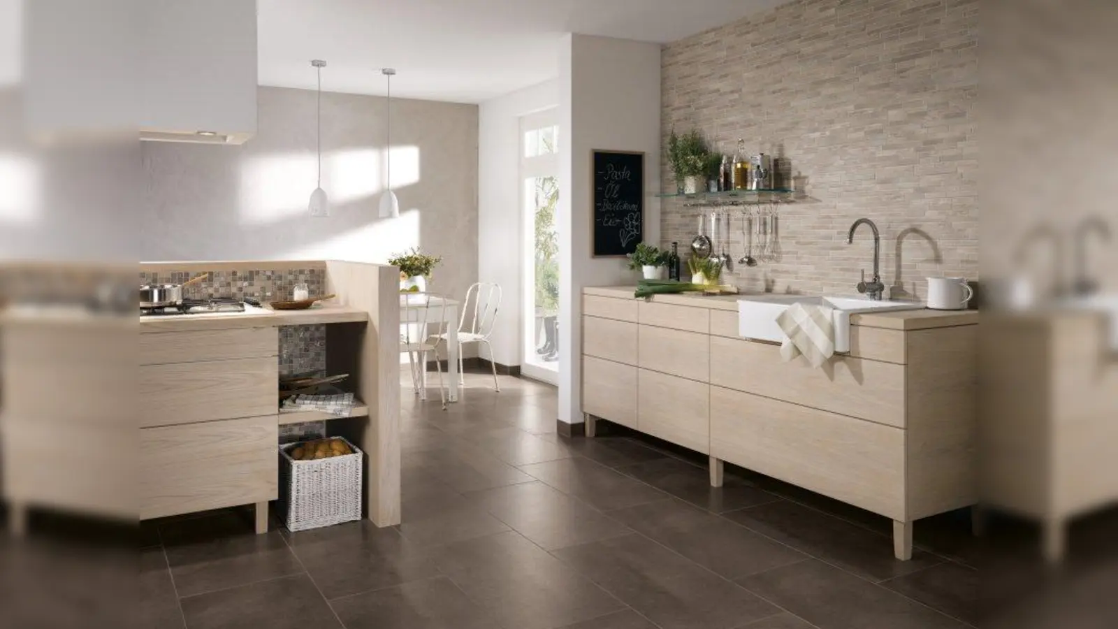 Bodenfliesen schaffen als einheitlicher Bodenbelag einen fließenden Übergang vom Koch- in den Wohn- und Essbereich und sorgen für optische Weite. (Foto: tdx/Deutsche Fliese/Jasba)