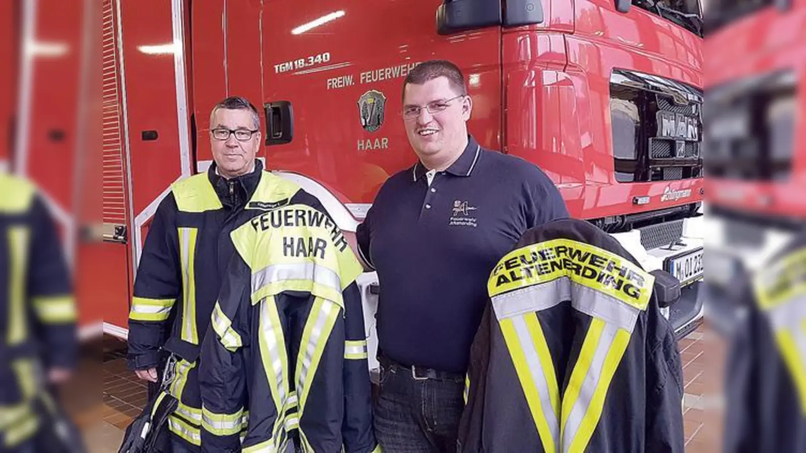 Aktion »Eine Person, zwei Feuerwehren« hofft der Vorstand der Freiwilligen Feuerwehr Haar Ludwig Kaltenberger und Johannes Kolbe auf viele Doppelmitgliedschaften (v.l.).	 (Foto: oh)