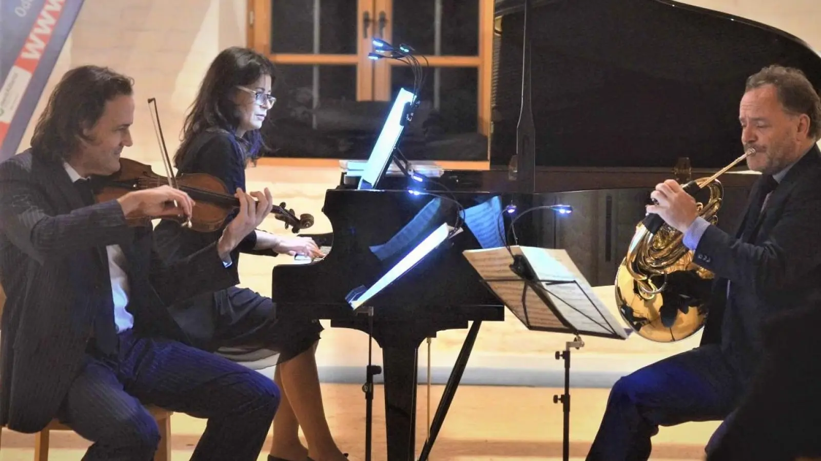 Peter Clemente, Ute Hielscher und Andreas Binder (v.l.) sind am Samstag, 19. November, im Pfarrstadel Weßling zu Gast. (Foto: © Horntrio)