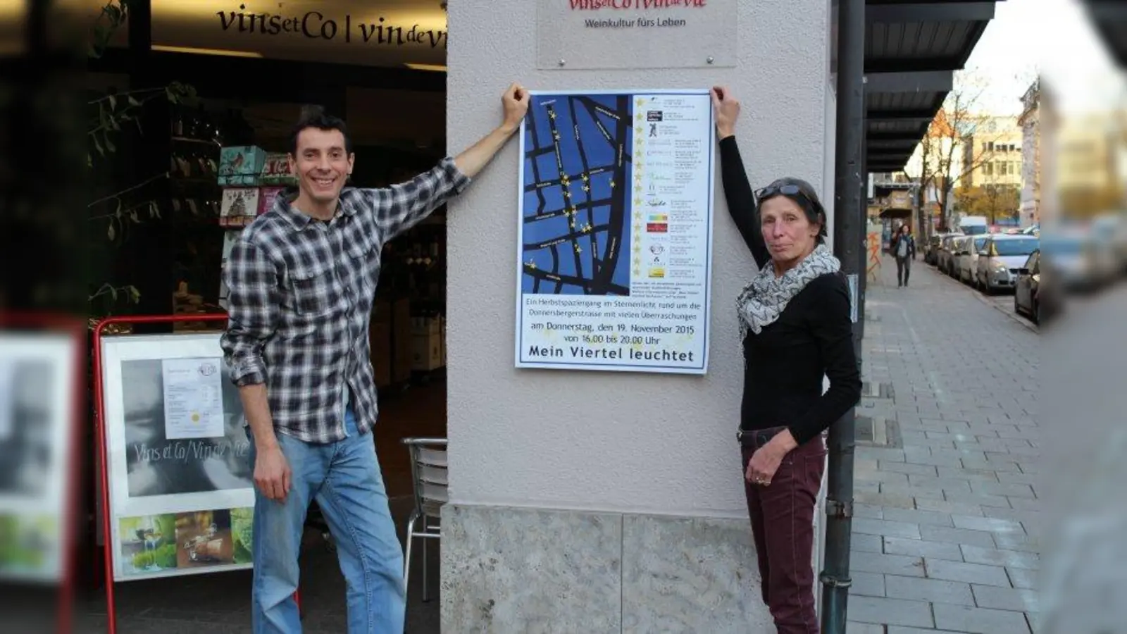 Freuen sich auf „Mein Viertel blüht”: Annick Denny, Inhaberin von Vin de Vie / Vins et Co zusammen mit ihrem Koch Olivier Marchand. (Foto: sb)