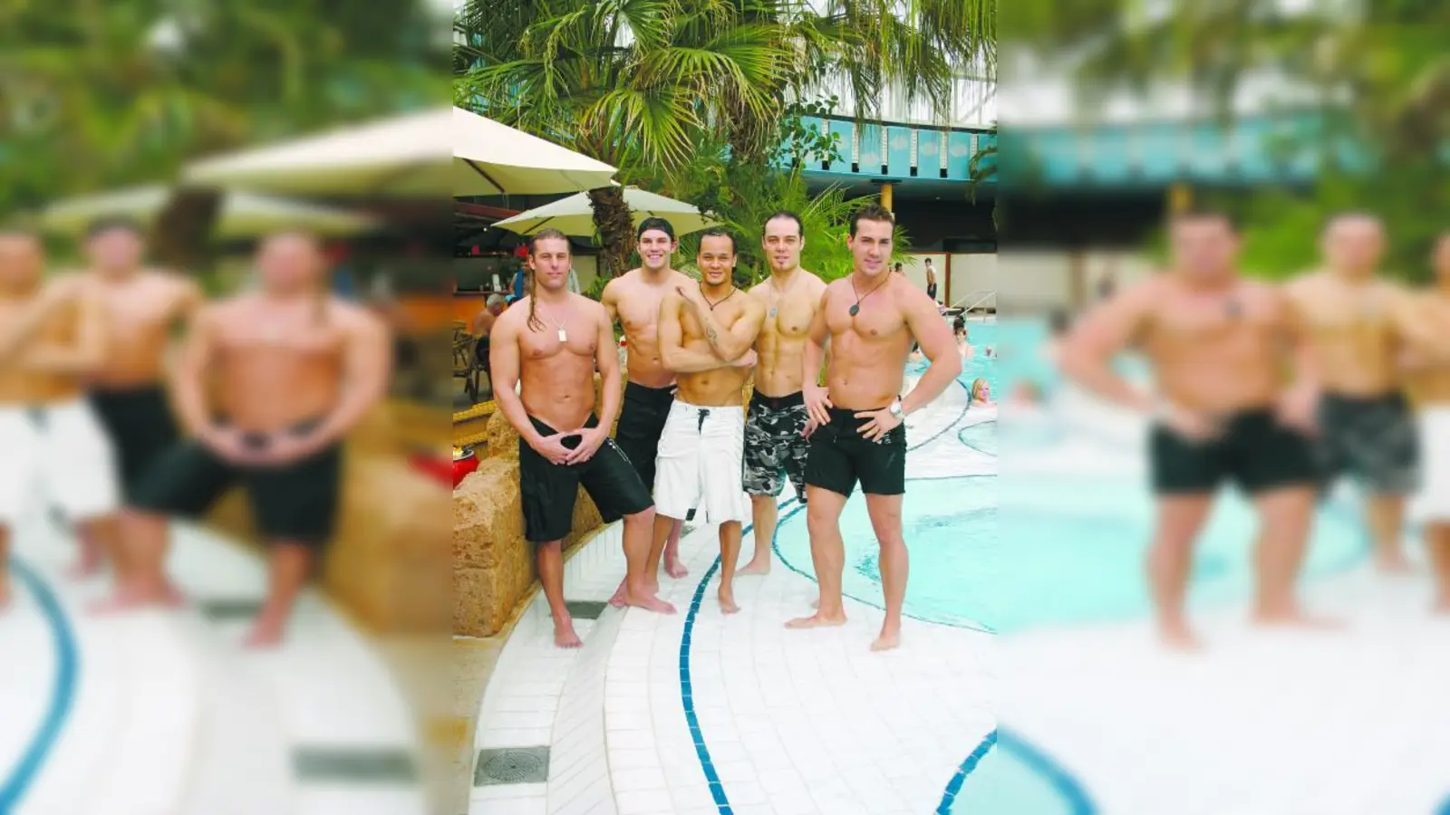 Die „Chippendales“ Kevin Cornell, Lind Walter, Kenny Harlow, Conrad Palmer und Alex Castillo (v.l.) genossen den Tag in der Therme Erding. (Foto: ls)