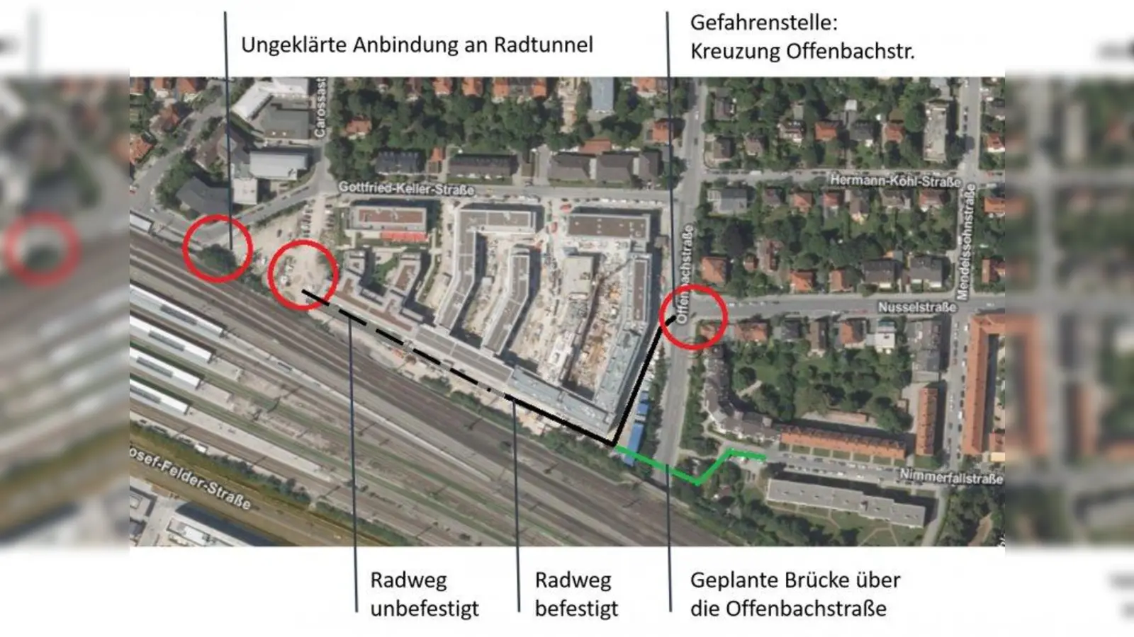 Graphische Darstellung der Radwegsituation. (Foto: Bayerische Vermessungsverwaltung; eigene Darstellung)