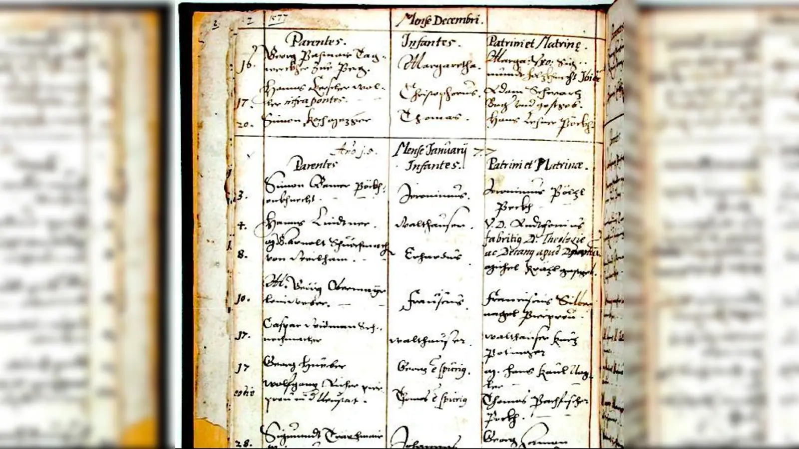 Das älteste Taufbuch im Archiv des Erzbistums, das Taufbuch der Pfarrei St. Jodok in Landshut, begonnen 1576. Aufgeschlagen sind die Einträge von Dezember 1576 bis Februar 1577.  (Foto: Erzdiözese)