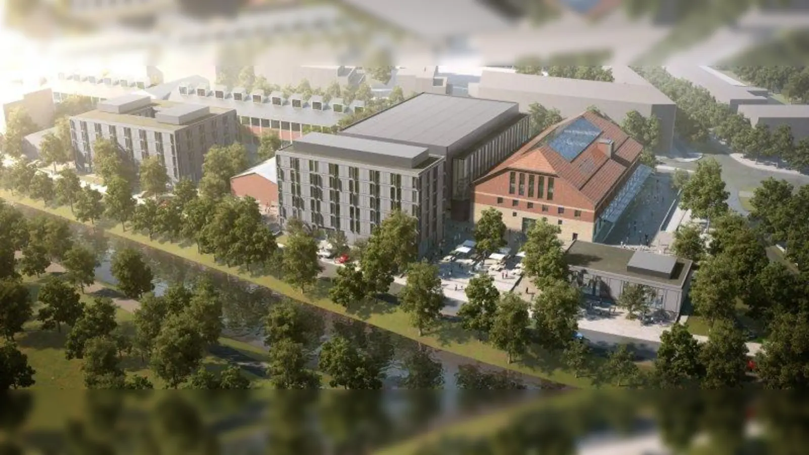 So wird der Gasteig an der Isar aussehen. Der große dunkle Neubau in der Mitte, der „Klang-Klotz”, beherbergt die Isarphilharmonie. (Foto: gmpInternational GmbH)