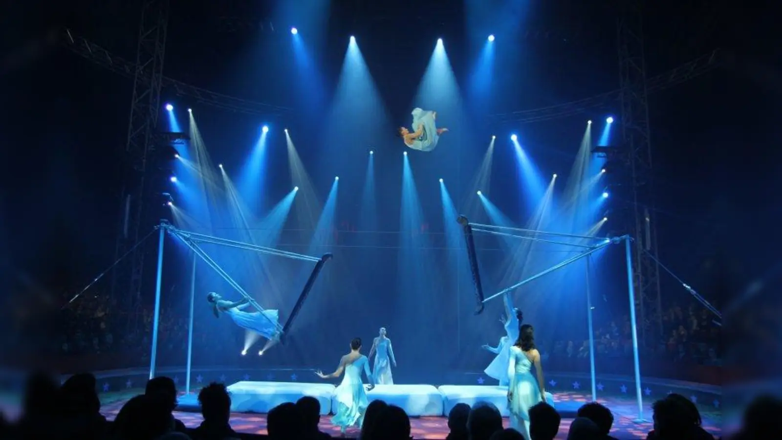 Romantische Flugkünste: Die Truppe Skokov aus Russland wirbelt an der Doppelschaukel durch die Manege. (Foto: circus-krone.de)