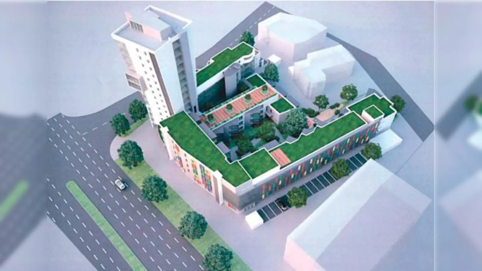 Nicht höher als 19 Meter: An der Ecke Münchener Straße / Jagdfeldring soll dieses Ensemble aus Hochhaus und Randgebäuden mit insgesamt 99 Wohneinheiten entstehen. 	 (Foto: Architekten Kock/Daberkow)