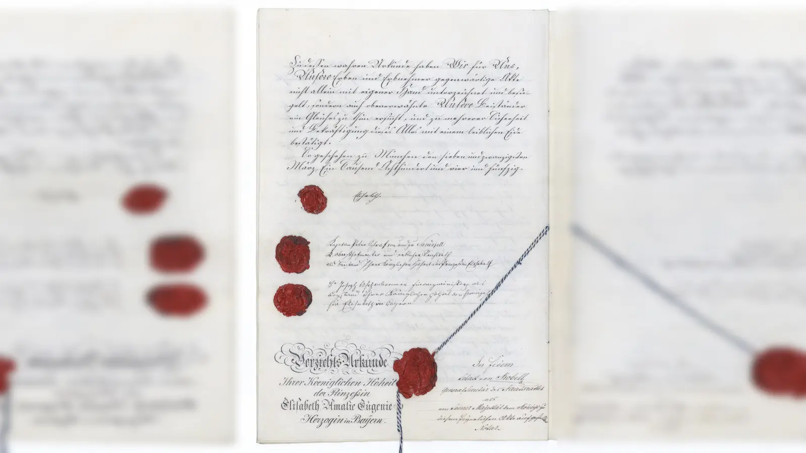 Verzicht der Herzogin Elisabeth in Bayern auf die bayerische Thronfolge und ihr väterliches Erbe vor ihrer Heirat mit Kaiser Franz Joseph von Österreich, 27. März 1854, Bayerisches Hauptstaatsarchiv, Geheimes Hausarchiv, Hausurkunden 5878/7. (Foto: Staatliche Archive Bayerns)