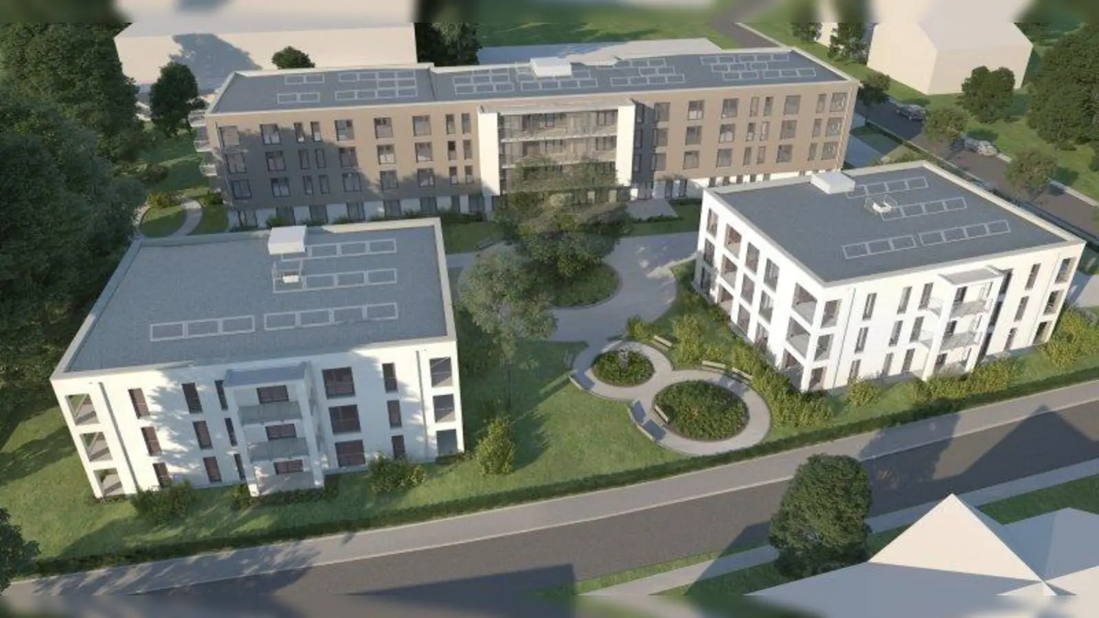 Gemütliches Viertel für Senioren: Das Münchner Architektenbüro Von Wallis &amp; Weiss plante die 51 stationäre und 20 ambulante Pflegeplätze sowie die 47 Plätze im betreuten Wohnen. In der Mitte der Anlage entsteht ein Platz mit viel Grün, Bänken und Durchwegungen für alle Gautinger. (Foto: Visualisierung Büro von Wallis & Weiss)