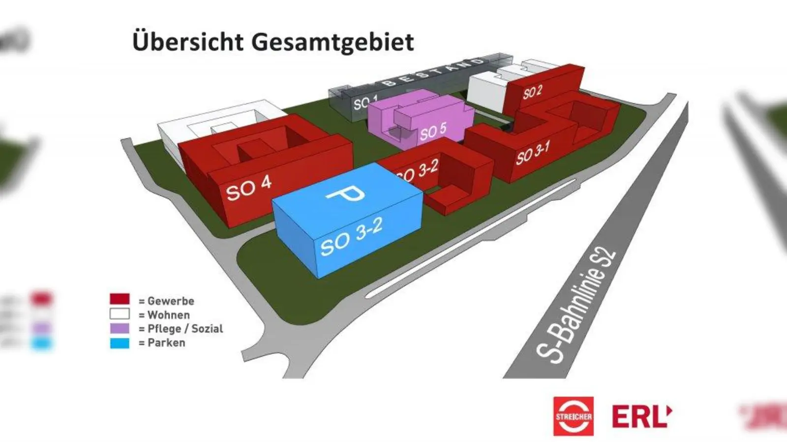 Fünf große Baukörper in mehreren Bauabschnitten: Erl &amp; Streicher plant neben einem Hotel noch ein Parkhaus, eine Betreuungseinrichtung für Senioren, Kleingewerbe sowie 180 weitere Wohnungen auf dem Grundstück an der Bayernwerkstraße westlich der Bahn. (Foto: Erl & Streicher)