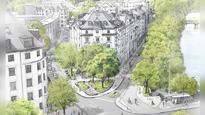 Die Visualisierung zeigt, wie der kleine Platz vor den „Museum Lichtspielen“ (Mitte) künftig aussehen soll. Links verläuft die Lilienstraße. (Bild: kübertlandschaftsarchitektur)