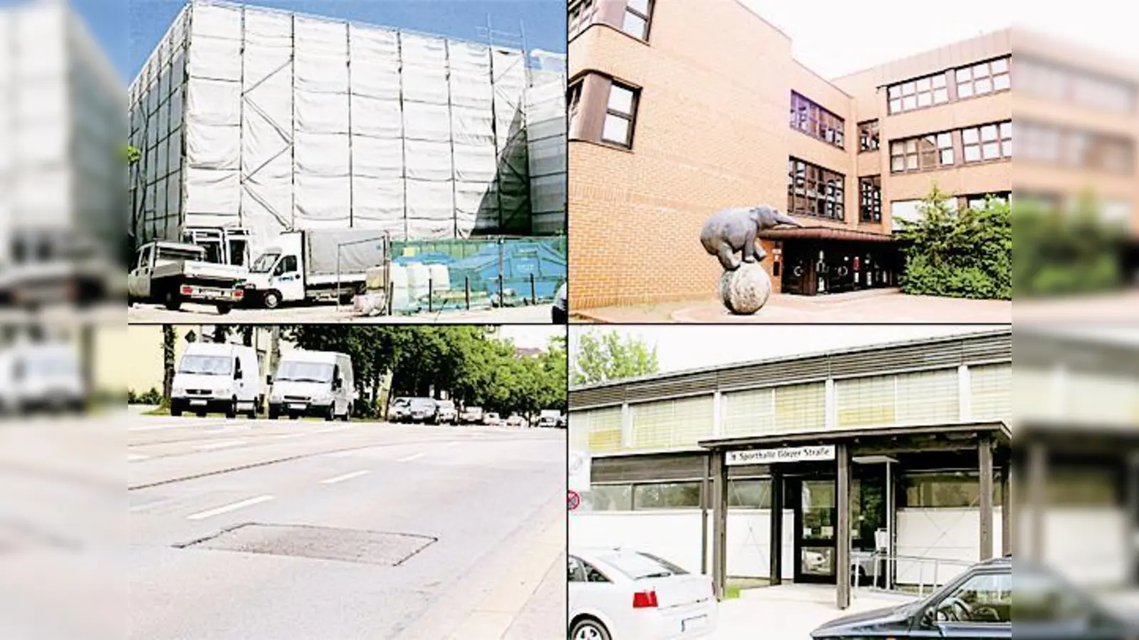 Vom Konjunkturprogramm werden unter anderem das Schulzentrum Nord (links oben), die Rennertschule (rechts oben), die Chiemgaustraße (links unten) und die Turnhalle an der Görzer Straße (rechts unten) saniert. Fotos  ((4): Boschert)