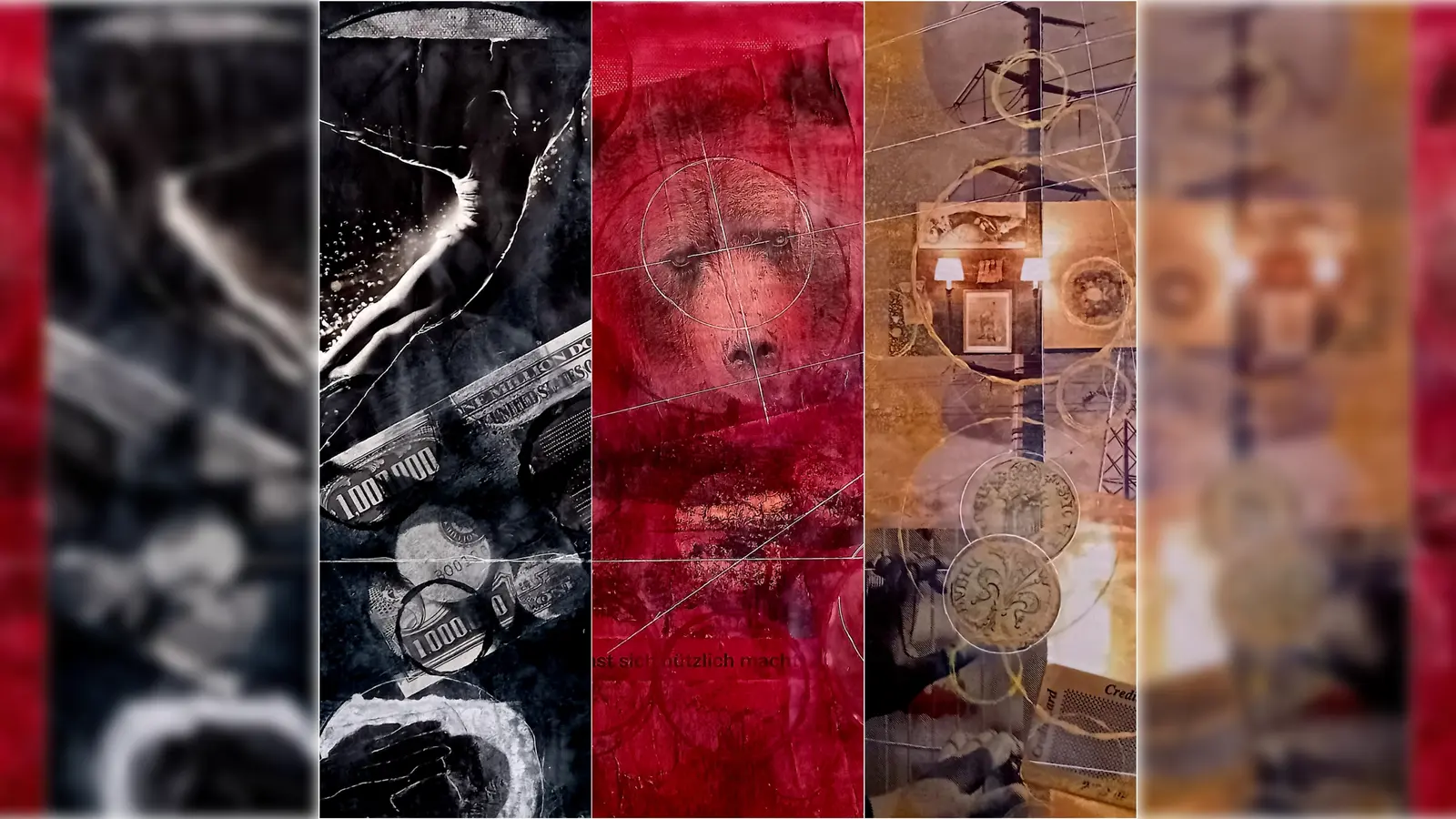 Angela Dorscht thematisiert in ihrem Triptychon „Domination – Battle – Freedom“ den breiten Assoziationsspielraum der Farben Schwarz-Rot-Gold der deutschen Nationalflagge. (Bild: Angela Dorscht)