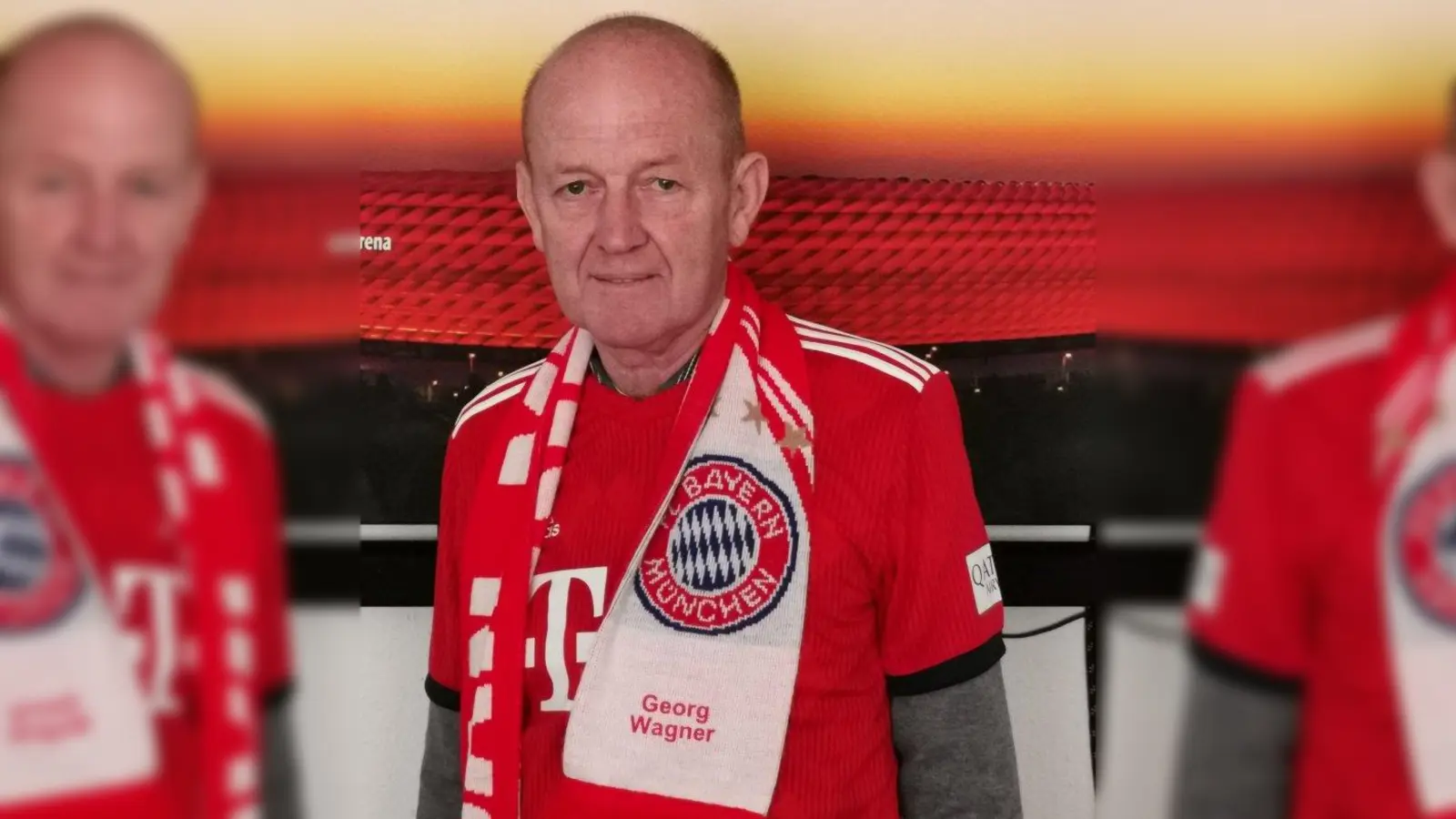 „Gefühlt bin ich schon seit Geburt ein Fan des FC Bayern – und seit 23 Jahren Mitglied. Natürlich bin ich inzwischen auch Dauerkartenbesitzer. Der Schal, den ich auf dem Foto trage, ist ein Geschenk des FC Bayern München an mich. Sogar mit meinem Autokennzeichen verweise ich auf meine Leidenschaft „M-RM ...“, wobei das „RM“ für Rekordmeister steht. Wen wundert es da noch, dass im Frühstücksraum meines Hotels ein Bild von der Allianz-Arena an der Wand hängt und in einem Nebenraum  alle Fußballspiele des FC Bayern live zu sehen sind. Vielen, vielen Dank und alles, alles Gute!“ Georg Wagner, Hotel Aurora, <br>ein treuer Fan. (Foto: Hotel Aurora)