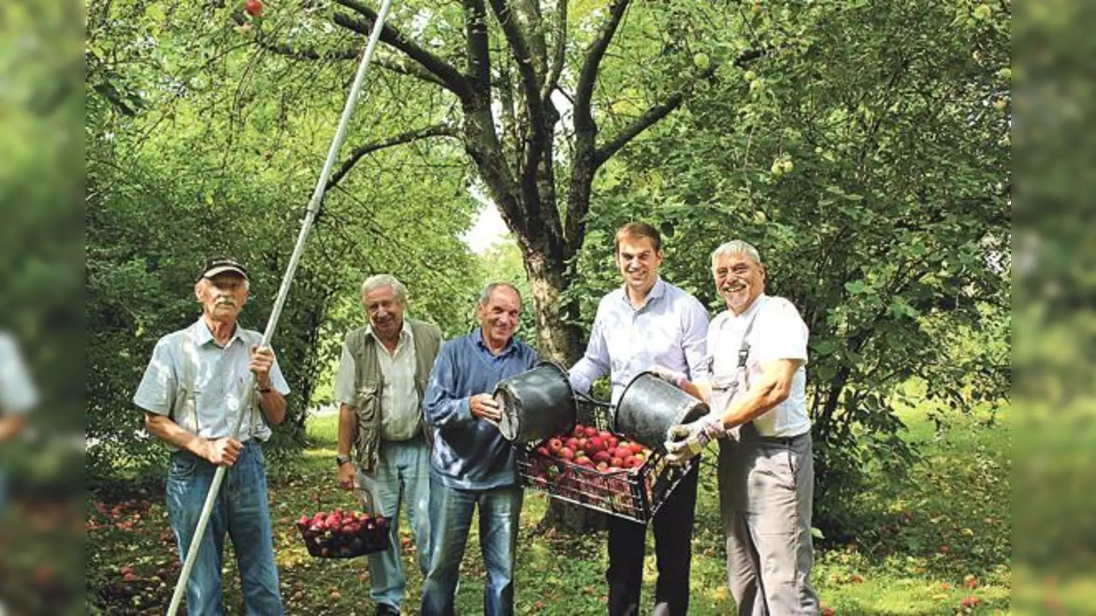 Fleißige Erntehelfer (von links): Josef Göttl, Josef Krämer, Karl Jäger, Bürgermeister Maximilian Böltl und Paul Manzenrieder.	 (Foto: Gemeinde Kirchheim)