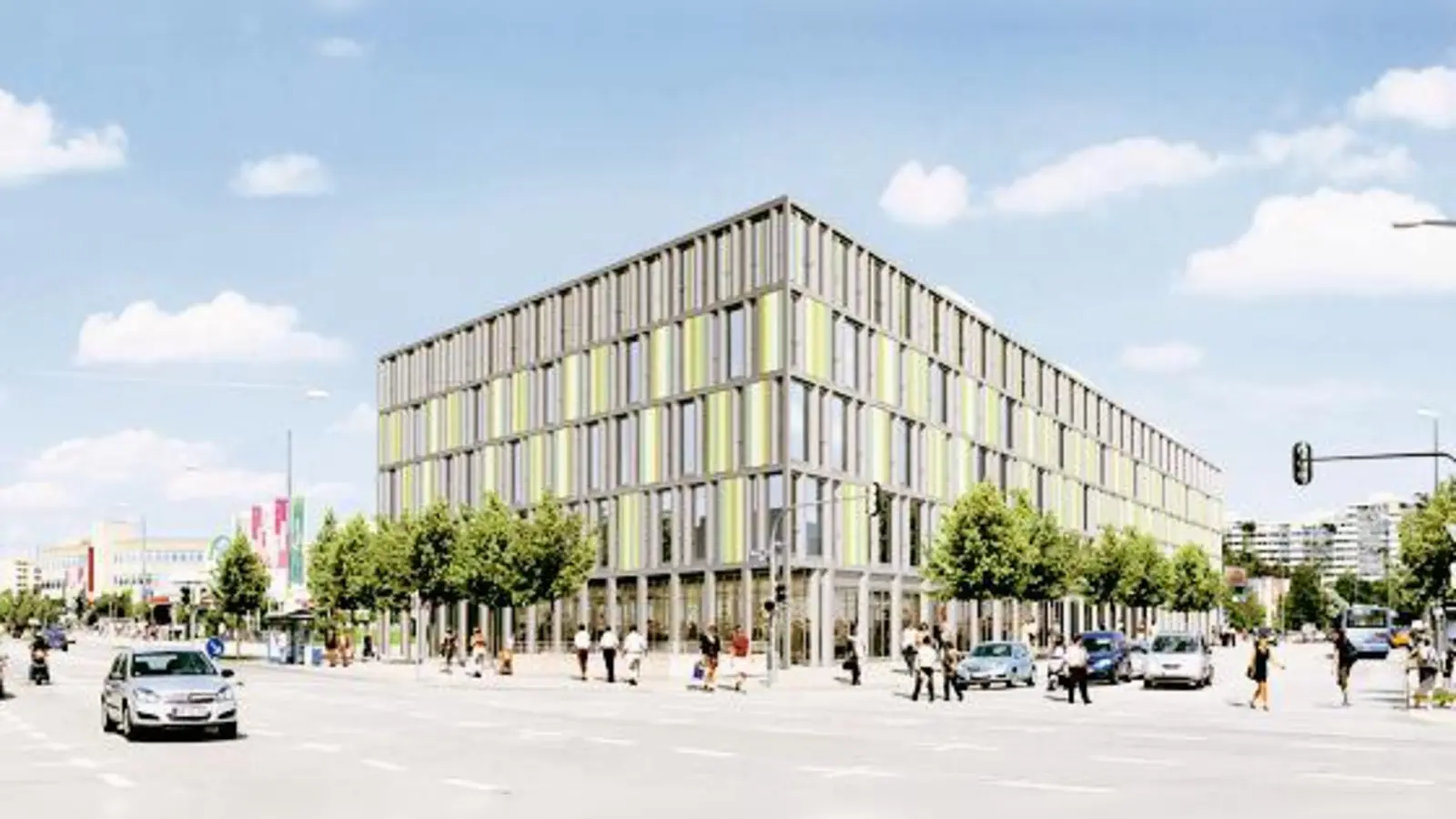 An der Ecke Hanauer Straße (links) und Pelkovenstraße soll das neue Ärzte- und Gesundheitszentrum Moosach entstehen. Die Einweihung ist für 2012 geplant.	 (Visualisierung: Privat)