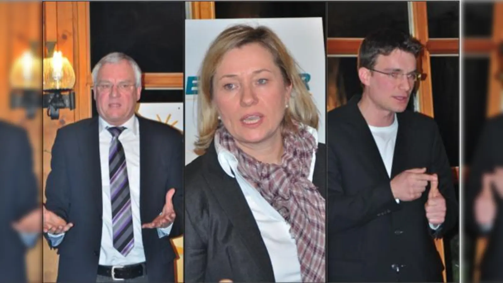 Langsam geht es um die Wurst: Bei einer Podiumsdiskussion am Montag äußerten sich die Ebersberger Bürgermeisterkandidaten Brilmayer, Rauscher und Goldner (v.l.) zu ihren Themen. 	 (Foto: Sybille Föll)