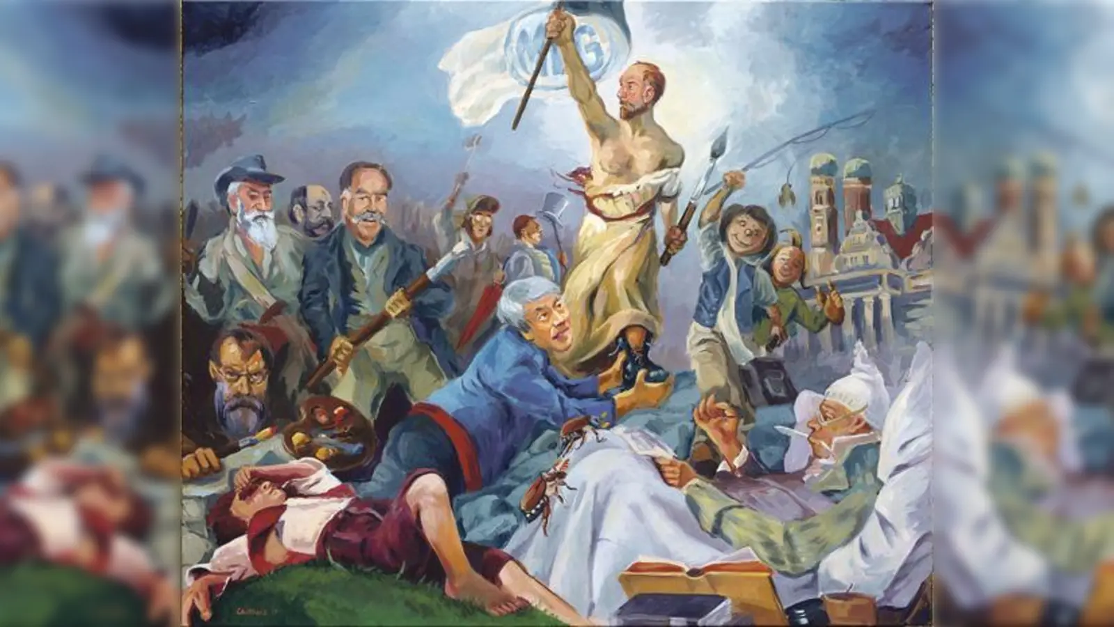 Das Logobild der Ausstellung zeigt Personen und Motive der Münchner Kunstgeschichte.	 (Foto: VA)