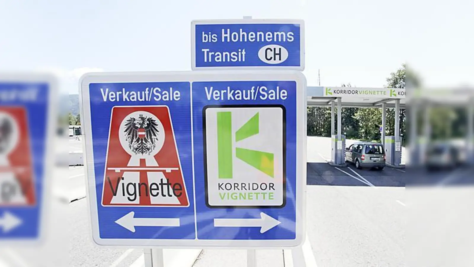 Das rechte Schild wird bald abmontiert: Ab 4. Juli wird die beliebte Korridorvignette für die Nutzung des Pfändertunnels bei Bregenz bis zur schweizerischen Grenze entfallen. 	 (Foto: ASFINAG)