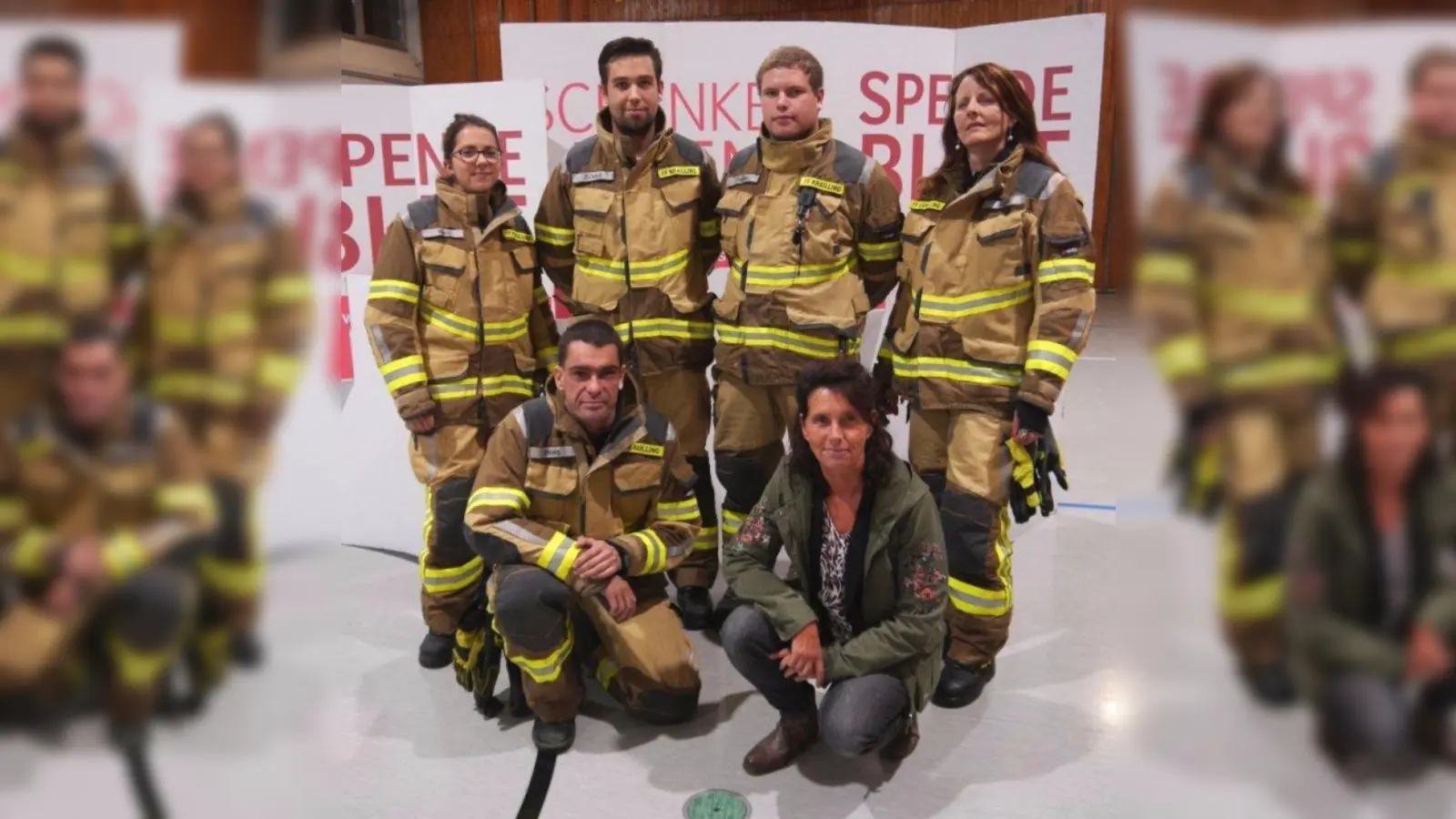 Fleißige Spender - Obere Reihe: Anna-Lena Hein, Marco Zickler, Pierre Hönig und Birgit Groll von der Feuerwehr Krailling. Untere Reihe: Zweiter Feuerwehr- Kommandant Peter Bauch und Manuela Nebuth vom BRK. (Foto: BRK Kreisverband Starnberg)