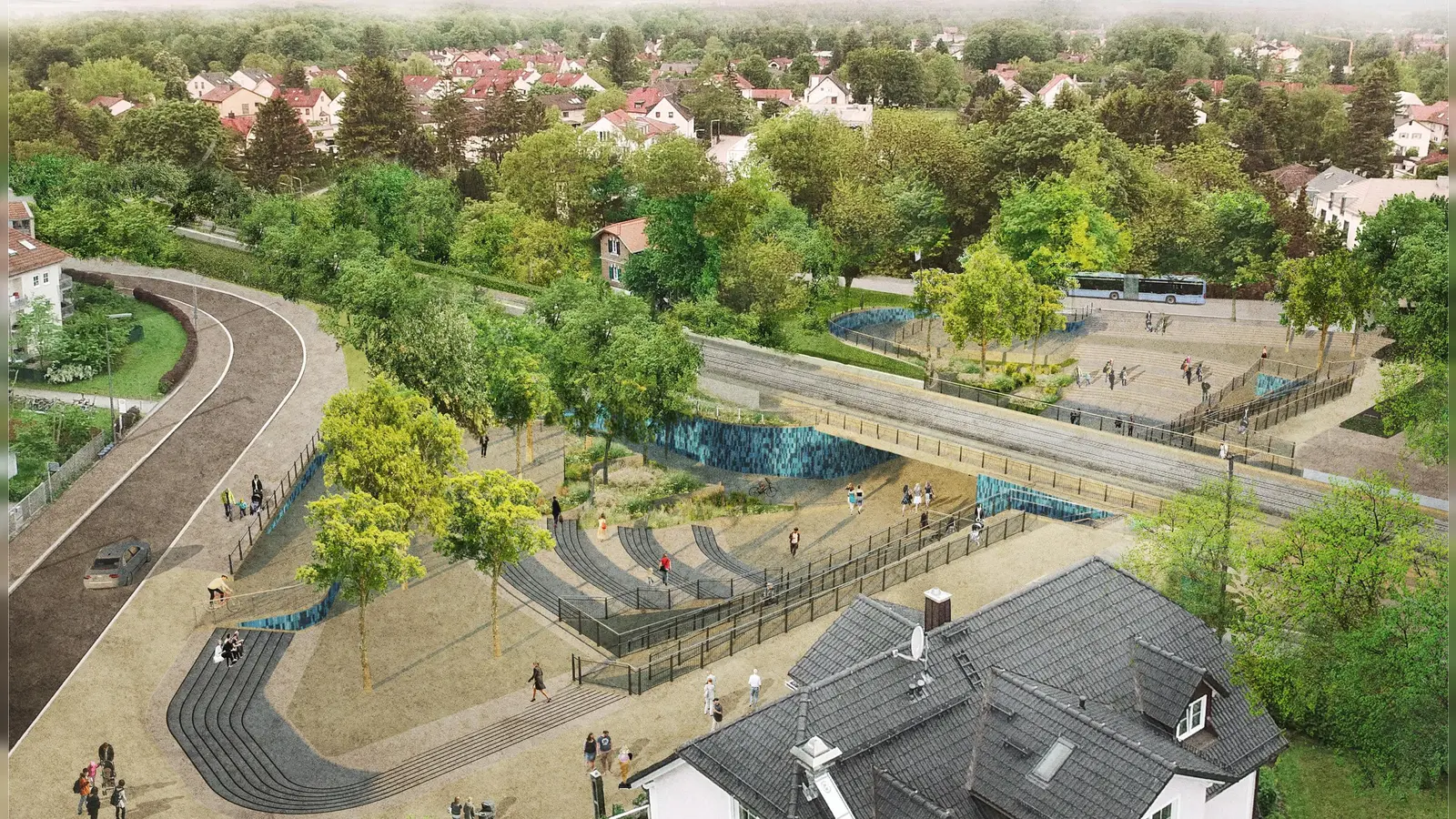 So werden die Bahnunterführung (Mitte, blau) und das Gelände drumherum einmal aussehen. Die Neugestaltung soll zu mehr Sicherheit und Aufenthaltsqualität führen. Baubeginn ist Anfang 2026. (Visualisierung: : Baureferat.)