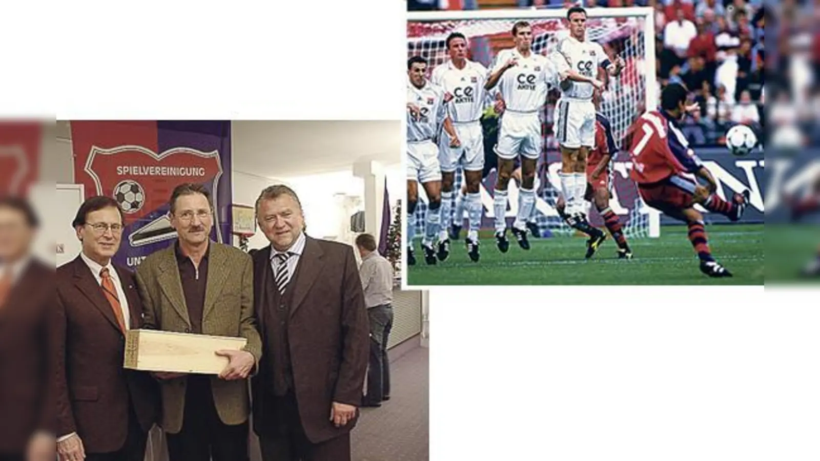 Höhepunkte aus 90 Jahren: In der 1. Bundesliga besiegten die Rot-Blauen den FC Bayern und Borussia Dortmund. Zwei Väter des Hachinger Erfolgs: Engelbert Kupka (links) und Anton Schrobenhauser (rechts) mit Harry Deutinger.  (Foto: SpVgg Unterhaching)