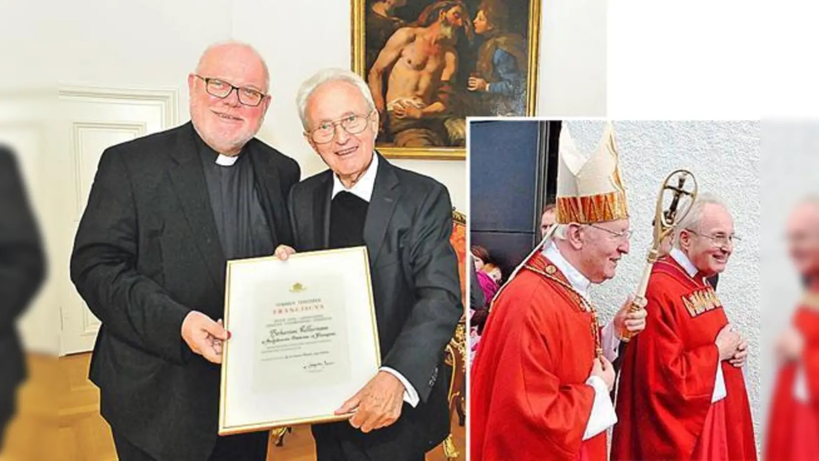 Kardinal Marx (li) überreicht Pfarrer Kellermann die Ernennungsurkunde. 	Kleines Foto: War einst der jüngste Pfarrer Münchens: Herbert Kellermann (li) mit Kardinal Friedrich Wetter.  (Foto: Erzbischöfliches Ordinariat München/Archiv)