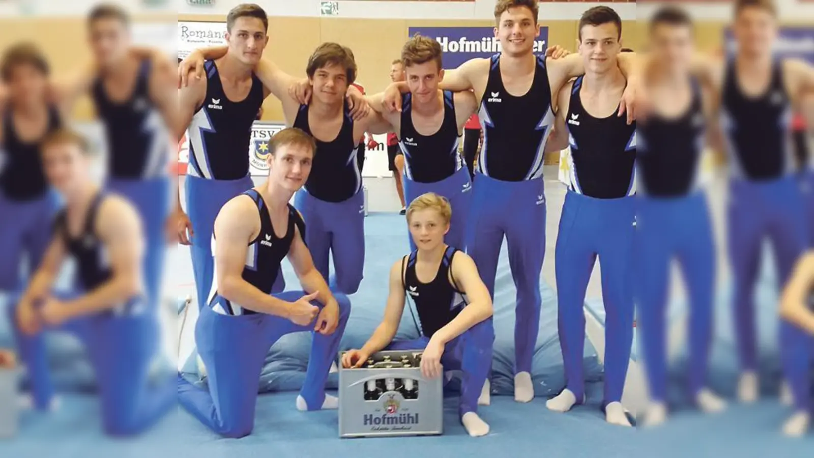 Die Turner der Landesliga: h.v.l. Sebastian Wolf, Kristof Pandi, Florian Bircks, Christoph Eiglmeier, Maximilian Sondermayer, v.v.l. Timo Fritzsch und Valentin Zapf.	 (Foto: Verein)