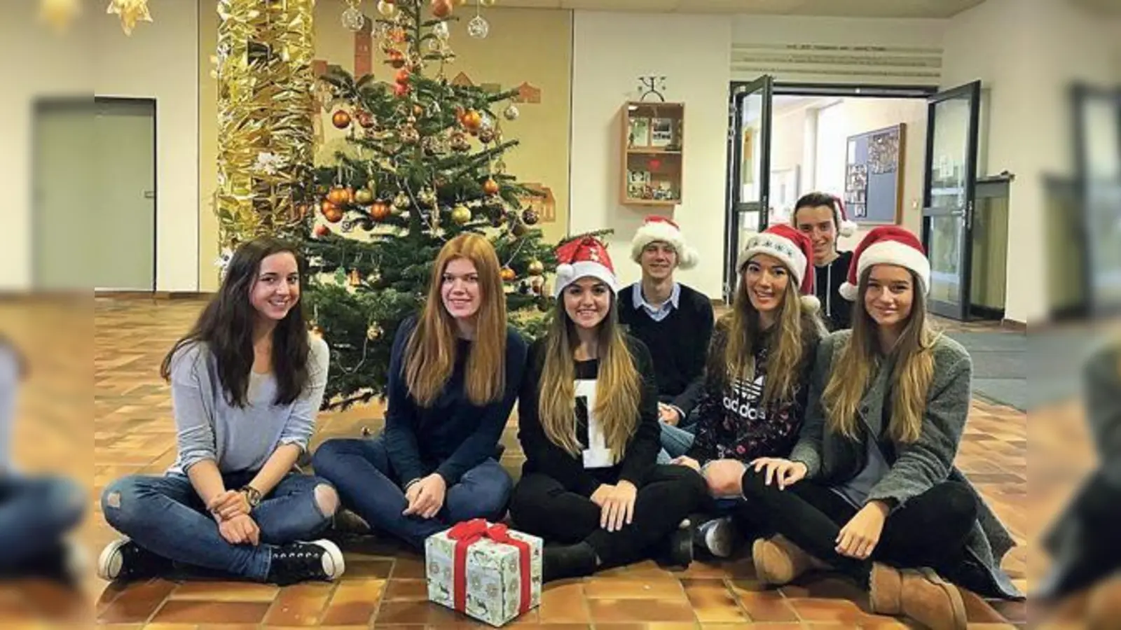 Die SMV am Anne-Frank-Gymnasium ist in Weihnachtsstimmung. Rebecca Kania, Amelie Bauer, Bea Lima, Nicholas Doerk, Nina Theil, Korbinian Hartmann und Lena Pointner (v. li.) haben mit dem Adventsbasar ein tolles Ergebnis erzielt.  (Foto: AFG)